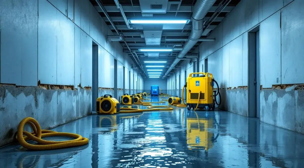 Professional restoration crew using industrial water extractors in a Miami Springs commercial facility after a flood.