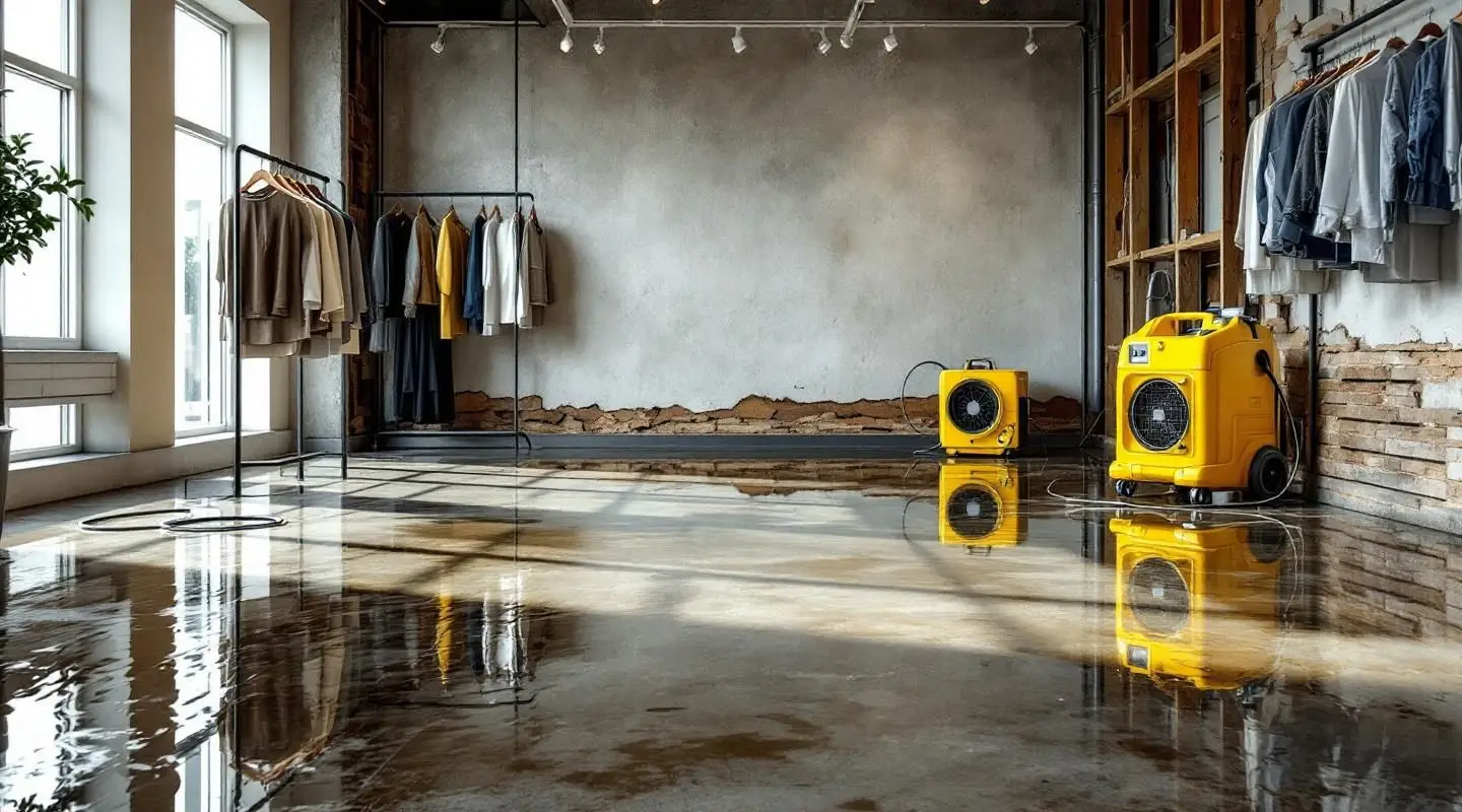 Professional restoration crew using industrial water extractors in a flooded Miami Springs retail showroom.