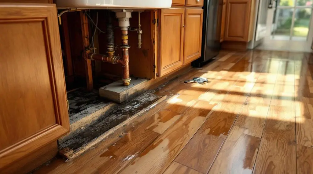 A technician using a moisture meter behind a kitchen island in a Miami Springs home to detect subfloor saturation.