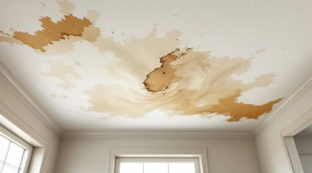 A restoration technician in Miami Springs using a moisture meter to check a water-damaged ceiling for hidden leaks.