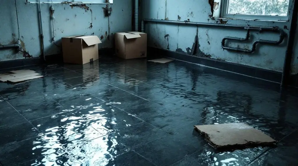 Professional submersible pump extracting standing water from a flooded Miami Springs basement with concrete block walls.
