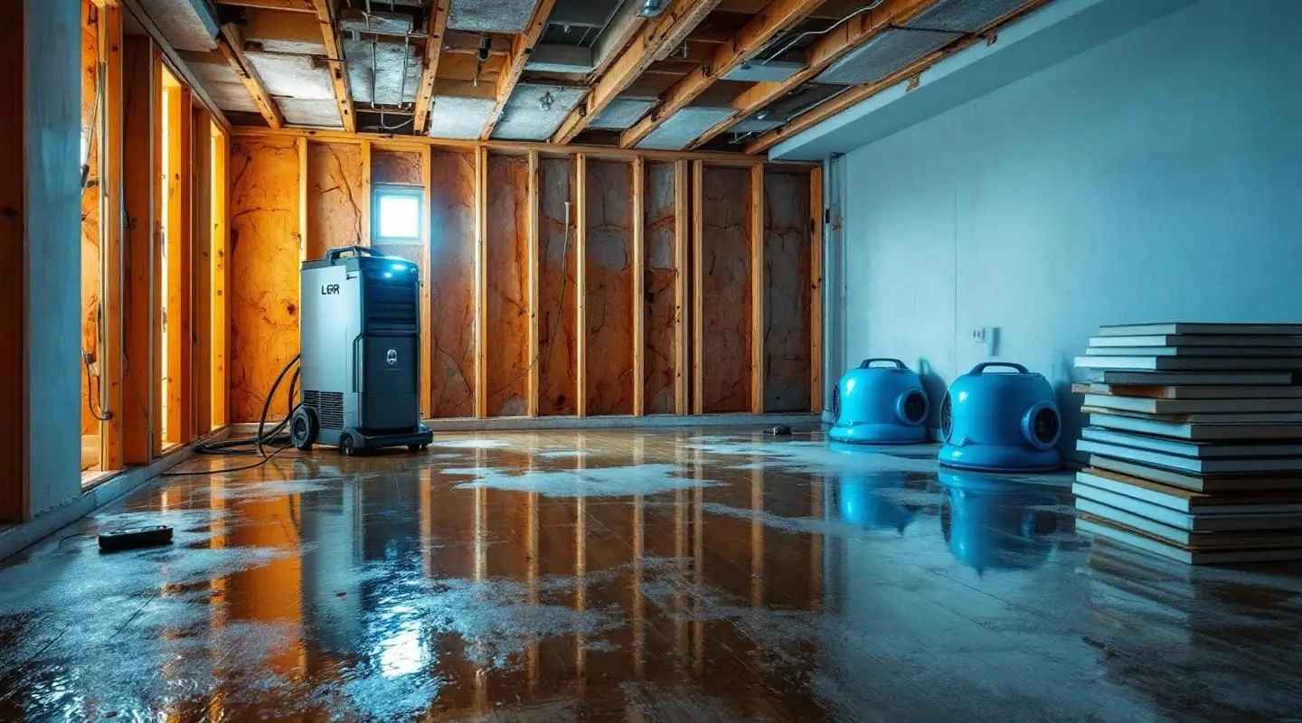 Restoration crew drying a flooded Miami Springs home with industrial fans and pumps, showing a focused, urgent mood.