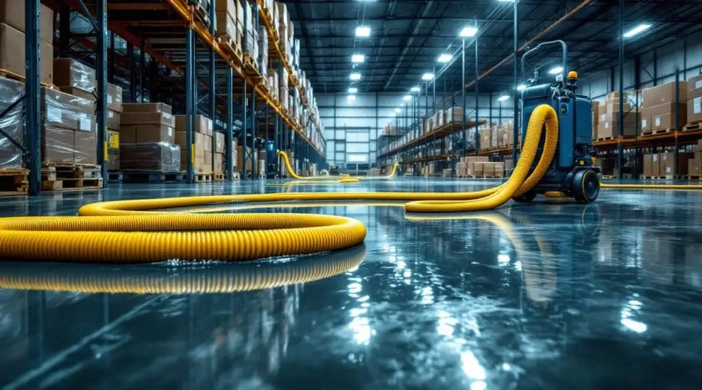Commercial restoration crew using industrial-grade water extraction equipment on a large concrete warehouse floor in Miami Springs.