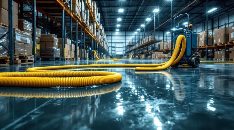 Commercial restoration crew using industrial-grade water extraction equipment on a large concrete warehouse floor in Miami Springs.