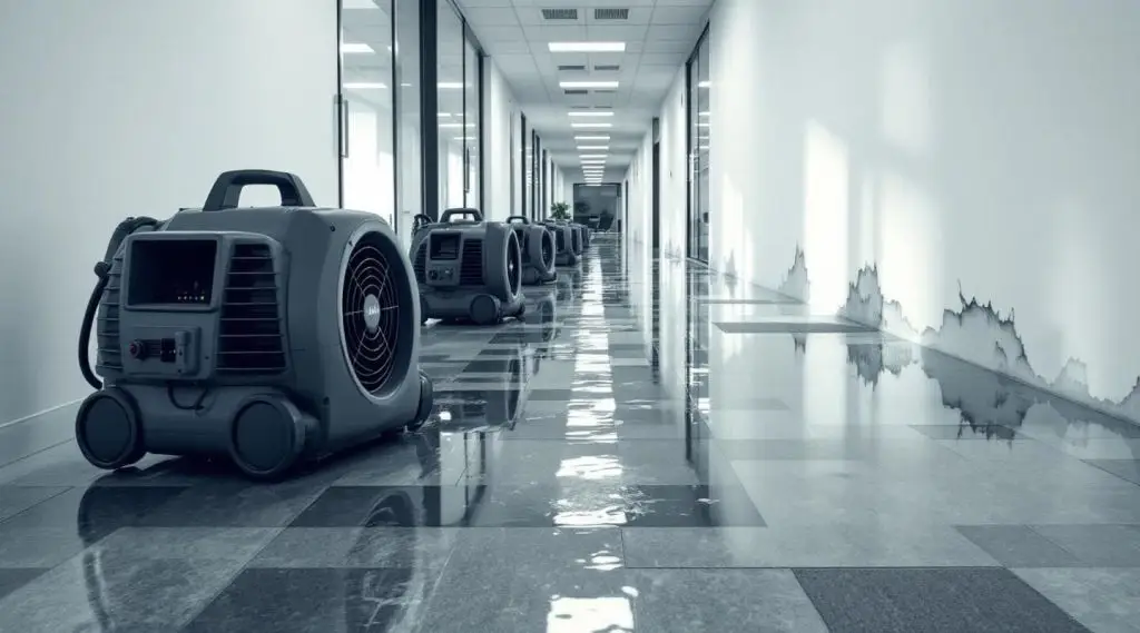 Professional restoration technicians deploying industrial air movers and LGR dehumidifiers in a flooded office in Miami Springs.