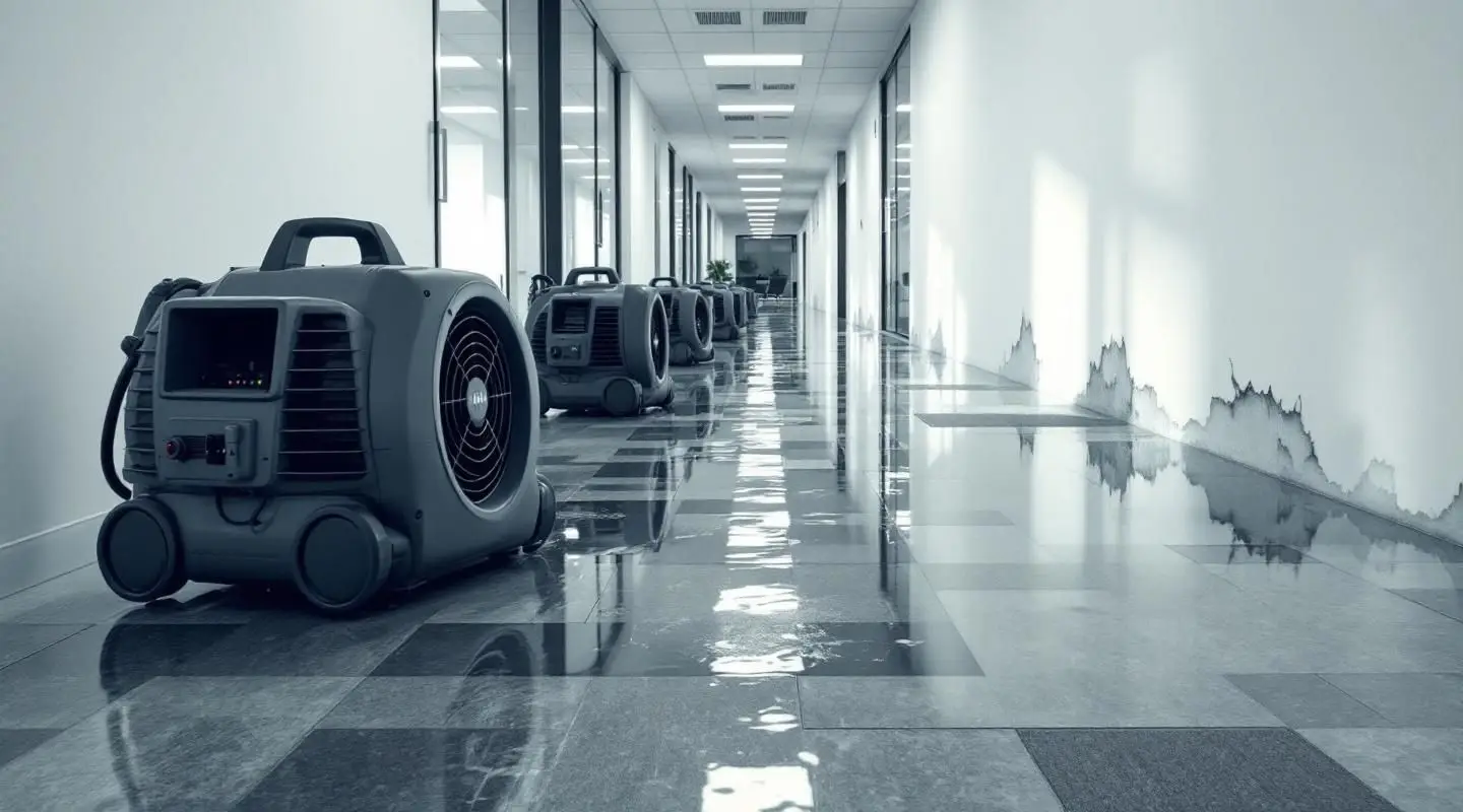 Professional restoration technicians deploying industrial air movers and LGR dehumidifiers in a flooded office in Miami Springs.