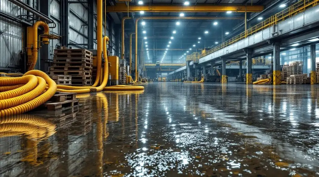 Industrial water extraction crew using high-capacity pumps and moisture mapping tools in a flooded Miami Springs warehouse.