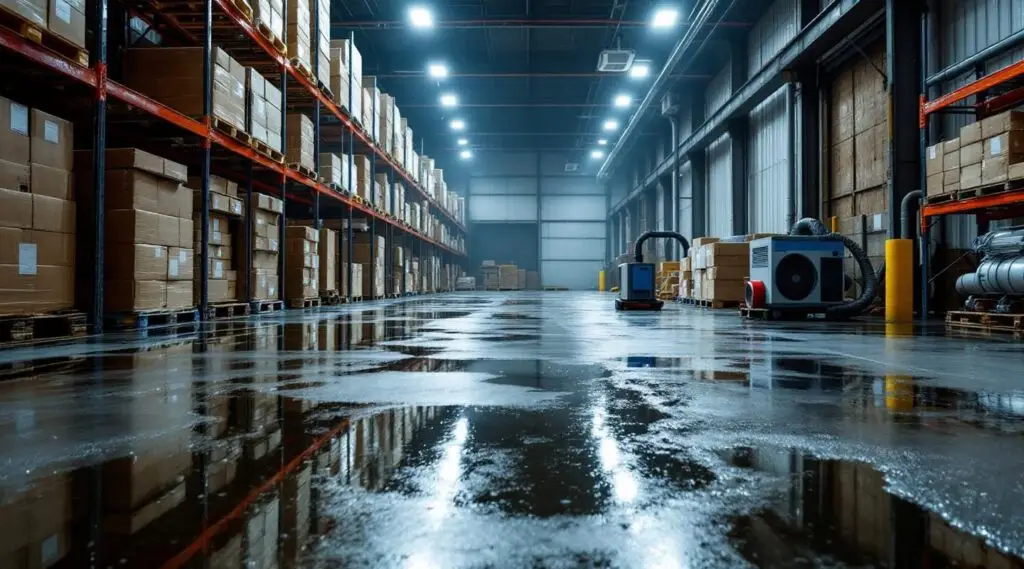 Professional technicians operating high-capacity water extraction equipment in a large flooded Miami Springs warehouse.