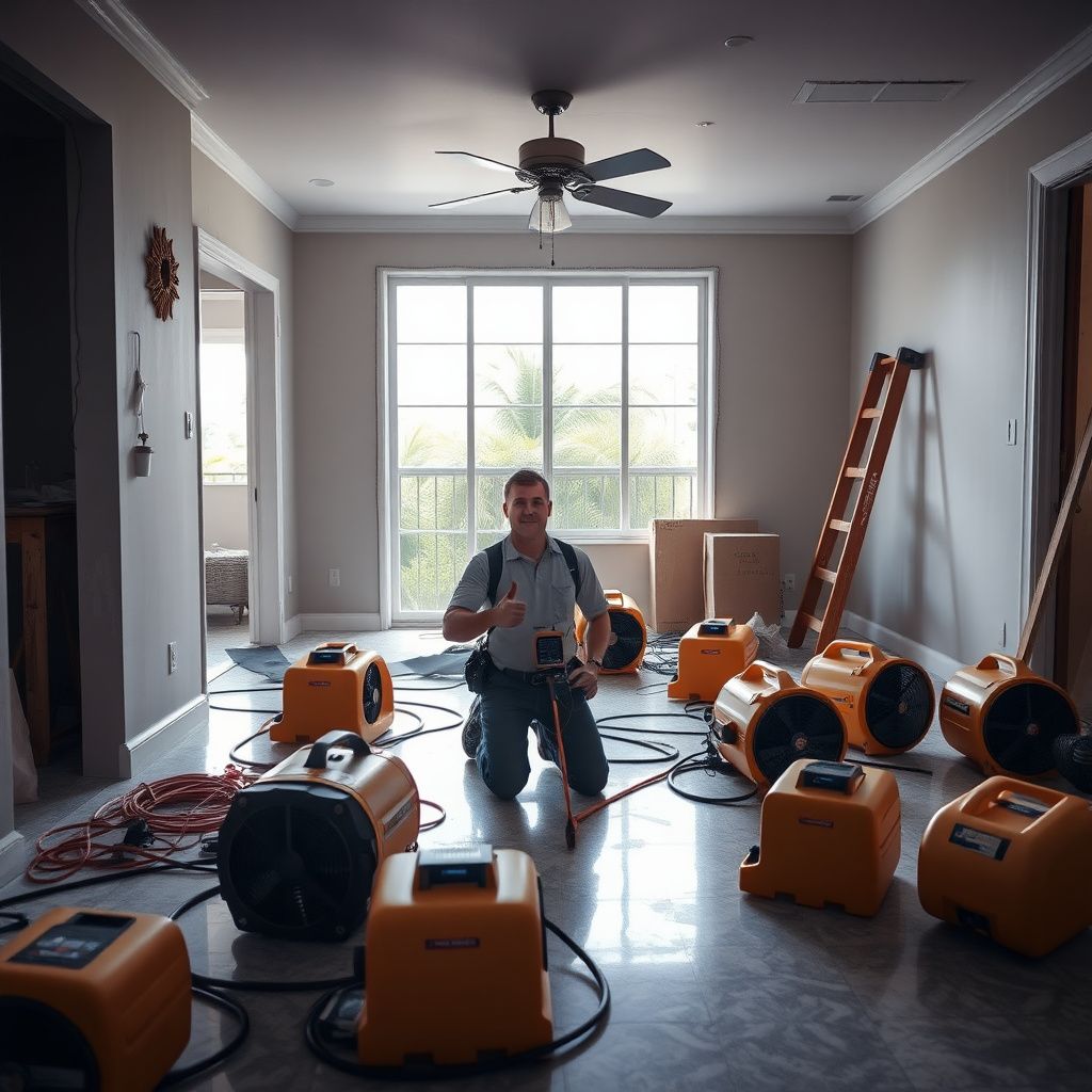 A technician in a uniform using a moisture meter to detect hidden water behind a stucco wall in a Coral Gables home.