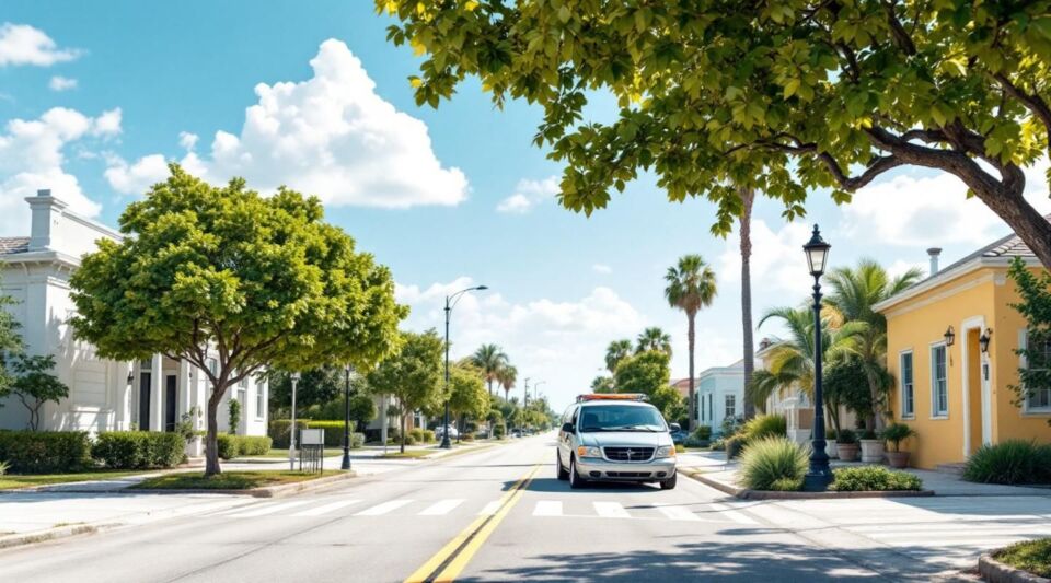 A professional restoration vehicle stationed near a South Miami residential street lined with mature oaks and CBS homes.