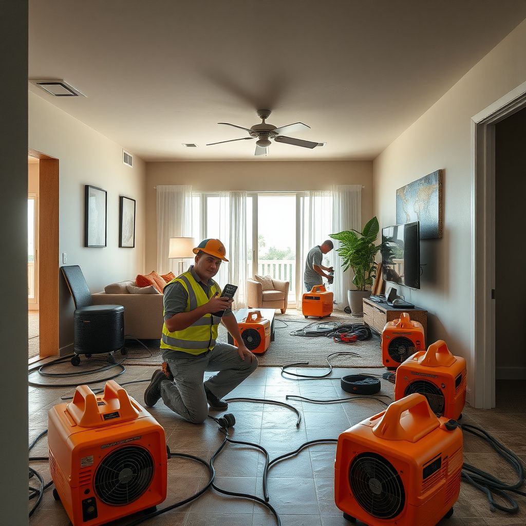 A restoration technician using a thermal imaging camera to detect hidden moisture behind a wall in a Miami Beach residence.