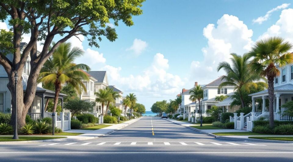 A restoration vehicle parked near a Key Biscayne waterfront home with palm trees and the Rickenbacker Causeway in the distance.