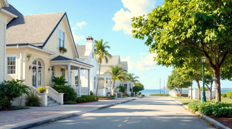 A residential street in Cutler Bay near Saga Bay featuring concrete block homes and tropical landscaping under a heavy sky.
