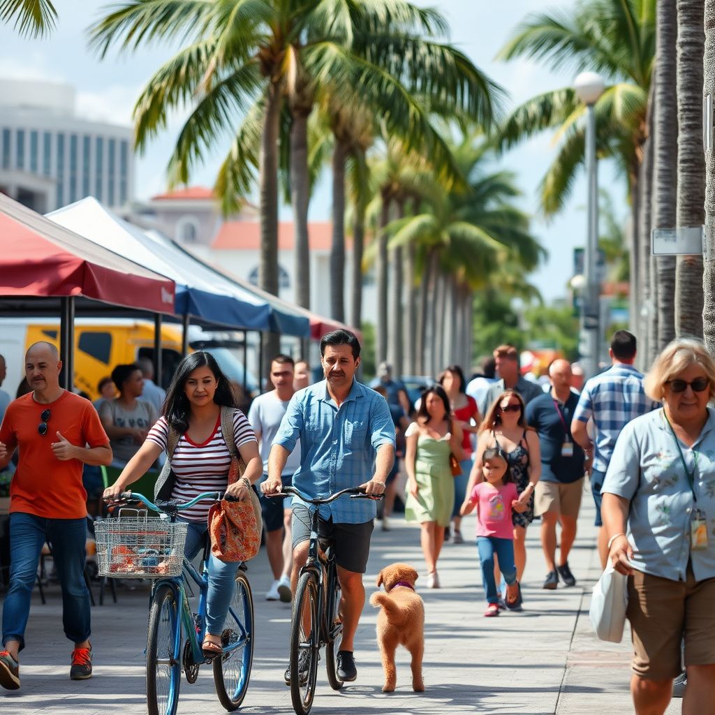 A scenic view of Sunset Drive in South Miami, showing the walkable downtown area with its characteristic mix of shops and tropical landscaping.