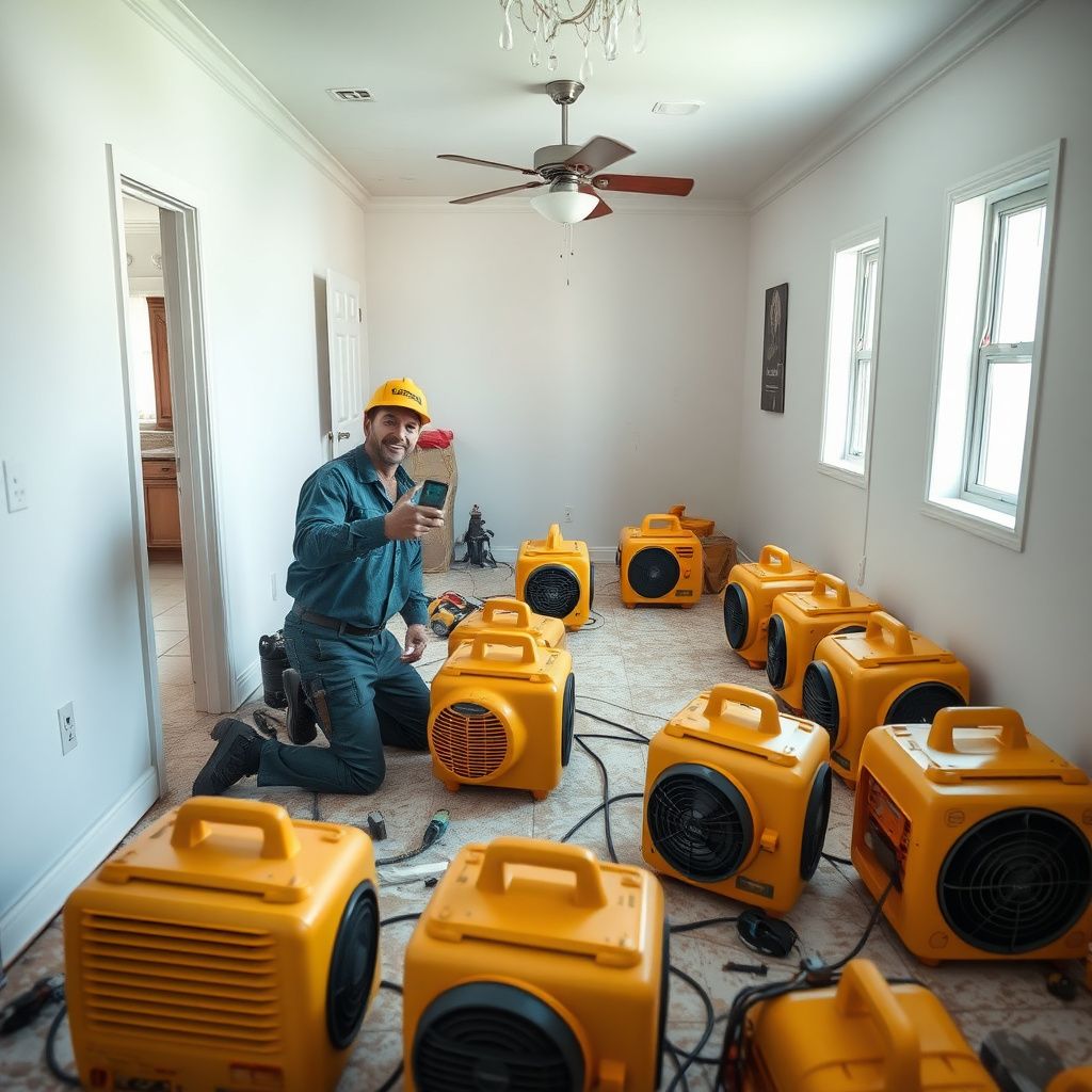 A technician using a thermal imaging camera to detect hidden moisture behind a concrete block wall in a Cutler Bay home.