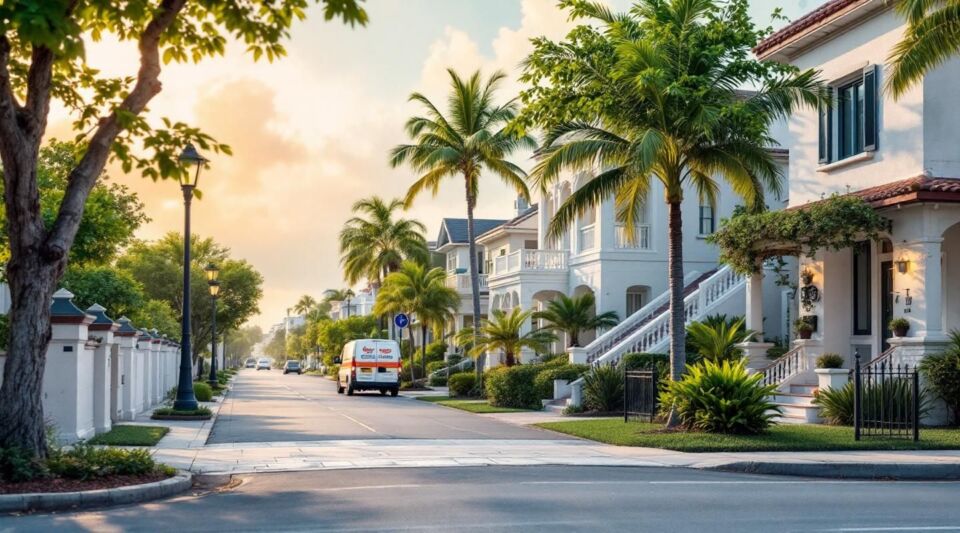 A professional restoration vehicle parked near a high-rise luxury condominium along the Intracoastal Waterway in Aventura.