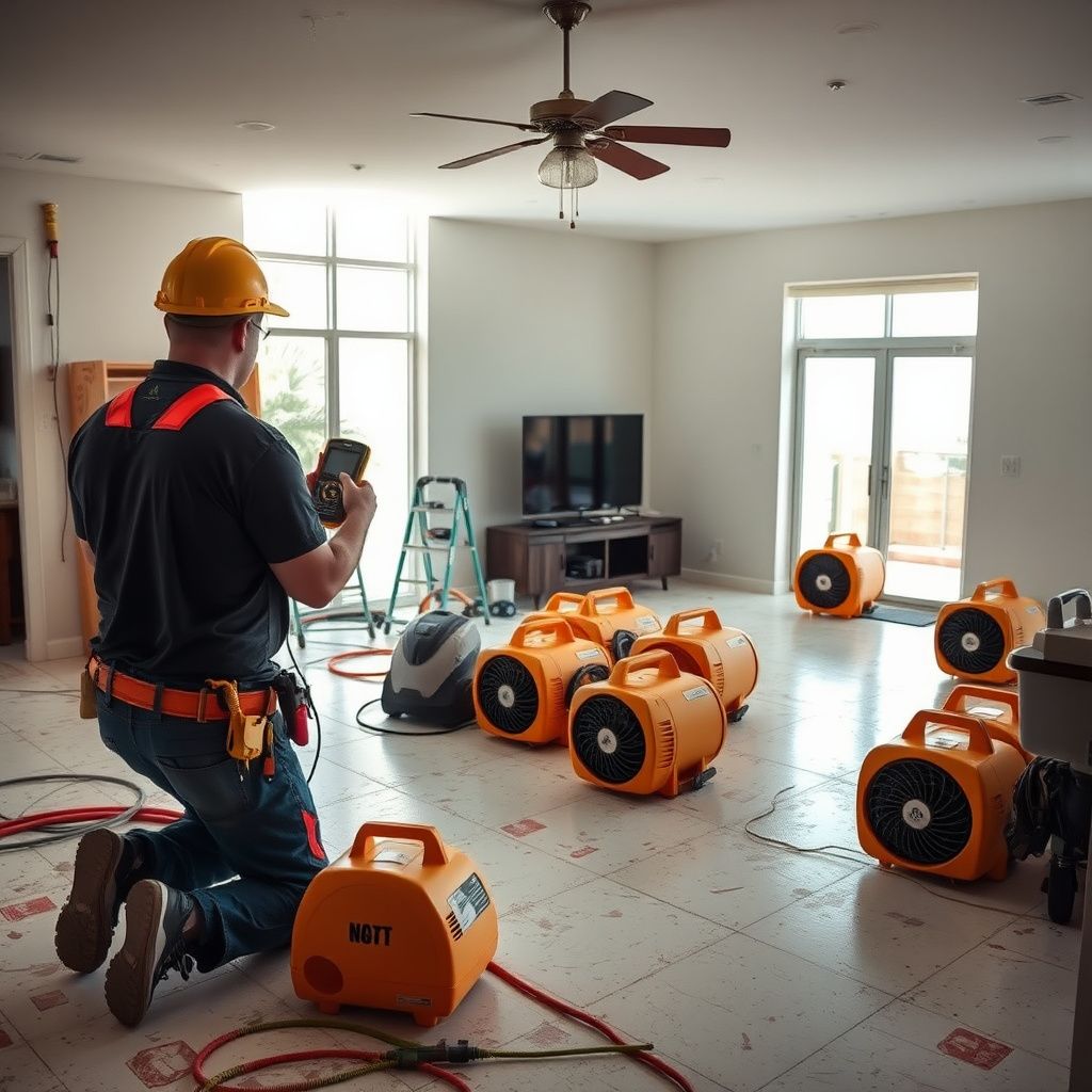 An IICRC-certified technician using a moisture meter to check for hidden water intrusion behind a drywall partition in an Aventura apartment.