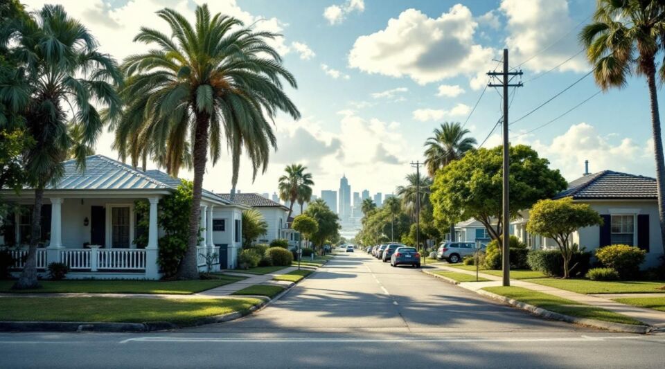 A professional restoration vehicle parked on a curved, tree-lined residential street in Miami Lakes during a humid afternoon.