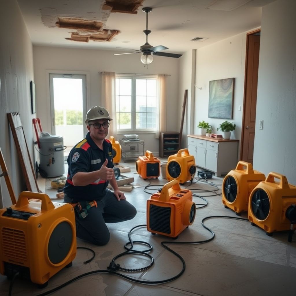 A technician using a thermal imaging camera to detect hidden moisture behind a wall in a Key Biscayne home.