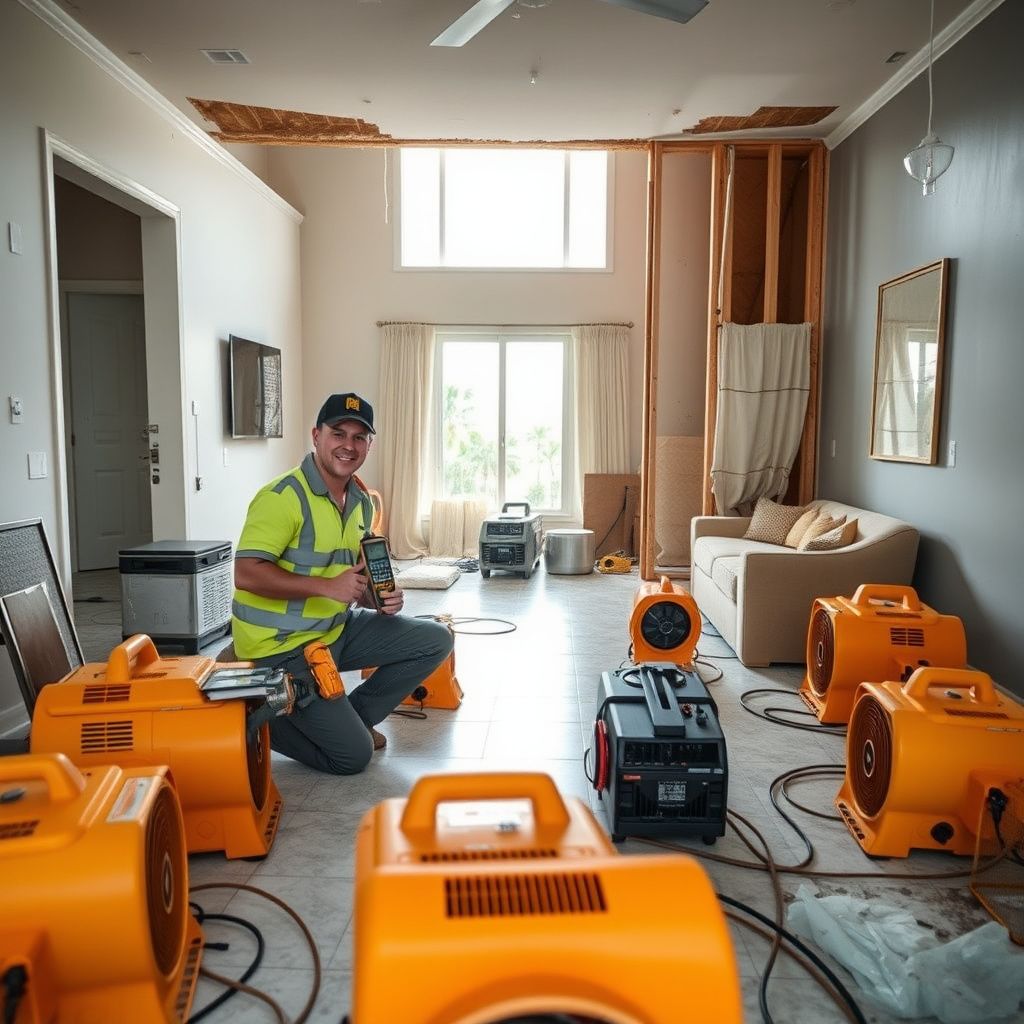 A restoration technician using a thermal imaging camera to detect hidden moisture behind a Pinecrest home's drywall.